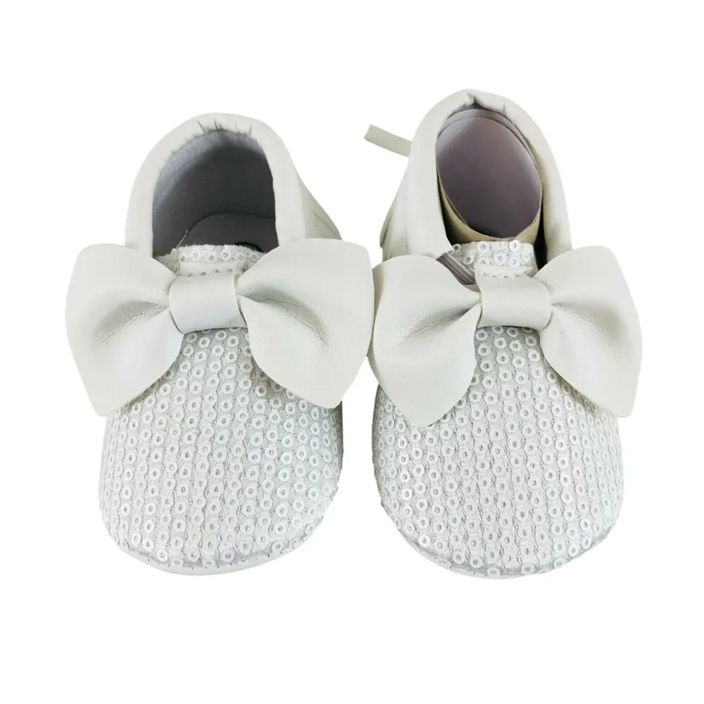 Baby Girls Dress Shoes Soft Sole Sequin Bow Fringe Faux Leather White Size 2